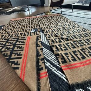 Fendi Roma Monogram Tan and Black Wool Scarf Wrap Reversible NWT
